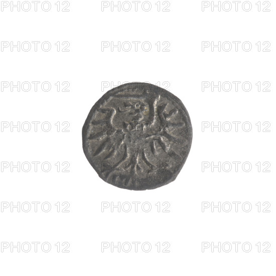 Gdansk denarius, Sigismund II Augustus (King of Poland; 1544–1572), Jagiellon dynasty; obverse: in the border the Eagle of Royal Prussia; reverse: in the border the coat of arms of Gdansk, on the sides numerals of the date 5 - 6, 1556; emblems, eagles, city coats of arms; Polish coin; diameter 12.0–12.4 mm; weight 0.35 g