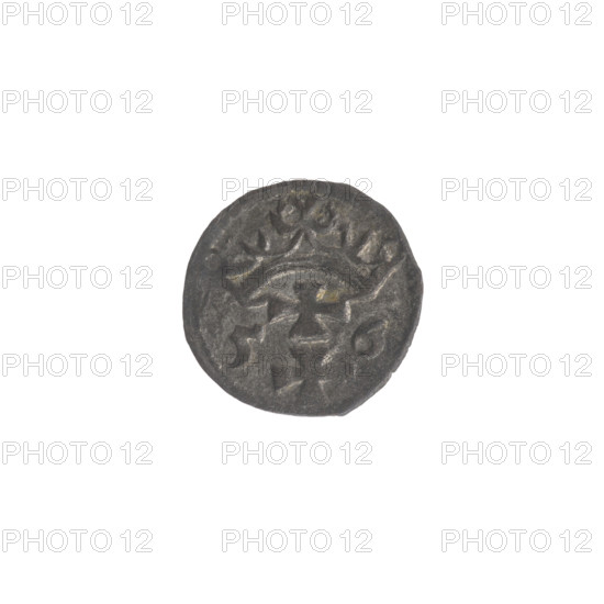 Gdansk denarius, Sigismund II Augustus (King of Poland; 1544–1572), Jagiellons (dynasty). Obverse: eagle of Royal Prussia in the border. Reverse: coat of arms of Gdansk in the border, flanked by numerals of the date 5 - 6, 1556. Polish coin; motifs: emblems, eagles, city coat of arms. Diameter 12.0–12.4 mm; weight 0.35 g.