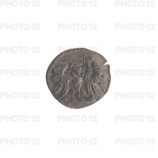 Gdansk denarius, Sigismund II Augustus (King of Poland; 1544–1572). Obverse: royal Prussian eagle in the border. Reverse: coat of arms of Gdansk in the border, flanked by date numerals 5 - 7, 1557. Emblems of the Jagiellon dynasty, eagles; Polish city coat of arms. Coin (Gdansk, Poland), diameter 12.0–13.0 mm, weight 0.37 g.