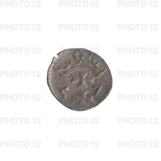Gdansk denarius, Sigismund II Augustus (King of Poland; 1544–1572). Obverse: in the border the Eagle of Royal Prussia. Reverse: in the border the coat of arms of Gdansk, on the sides numerals of the date 5 - 7, 1557. Emblems: Jagiellon dynasty, eagles, Gdansk coat of arms. Polish coin, city coat of arms, Eagle (coat of arms). Diameter 12.0–13.0 mm; weight 0.37 g.