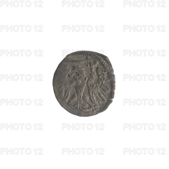 Gdansk denarius, Sigismund II Augustus (King of Poland; 1544–1572). Obverse: in the border the Eagle of Royal Prussia. Reverse: in the border the coat of arms of Gdansk, on the sides the numerals of the dates 5 - 1557. Emblems: Jagiellon dynasty, eagles, Gdansk coat of arms. Polish coin; diameter 11.6–12.0 mm; weight 0.37 g.