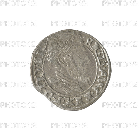 Gdansk grosz, Sigismund II Augustus (King of Poland; 1544–1572), Jagiellons (dynasty). Obv.: Crowned male bust in profile turned to the right; in the rim between pearl-shaped borders an inscription divided at the top: .SIGIS.AVG.REX.PDPRVSI. Rev.: Coat of arms of Gdansk; in the rim between pearl-shaped borders an inscription: .GROSSVS:CIVI:GEDANEN.1556. 1556. Poland, Gdansk. Coin. Diameter 22.5–23.0 mm. Weight 1.75 g.