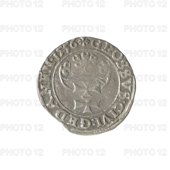 Gdansk grosz, Sigismund II Augustus (King of Poland; 1544–1572), Jagiellon dynasty; obverse: crowned male bust in profile turned right; rim inscription divided at top: .SIGIS.AVG.REX.PDPRVSI; reverse: coat of arms of Gdansk; rim inscription: .GROSSVS:CIVI:GEDANEN.1556; 1556; Poland, Gdansk; coin; diameter 22.5–23.0 mm; weight 1.75 g.