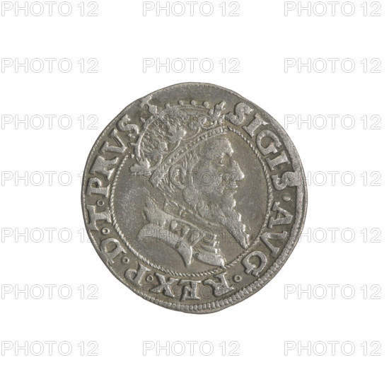 Gdansk grosz, Sigismund II Augustus (King of Poland; 1544–1572), Jagiellon dynasty; royal bust; city coat of arms of Gdansk; Polish coin; iconography of Sigismund II Augustus; male busts. Obverse: Crowned male bust in profile turned to the right; in the rim between pearl-shaped borders an inscription divided at the top: SIGIS.AVG.REX.PDTPRVS. Reverse: Coat of arms of Gdansk; in the rim between pearl-shaped borders an inscription: GROSSVS:CIVI:GEDANEN. 1556. 1556. Poland, Gdansk. Coin. Diameter 22.5 mm; diameter 23.4 mm; weight 1.75 g.