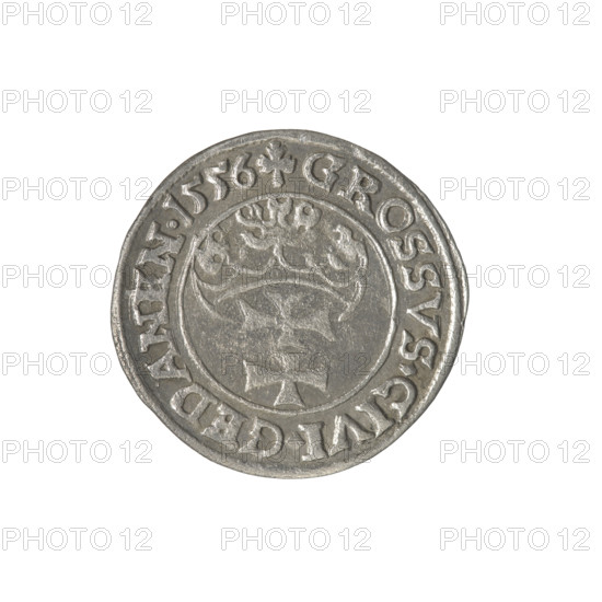 Gdansk grosz, Sigismund II Augustus (King of Poland; 1544–1572), Jagiellon dynasty. Obverse: crowned male bust in profile facing right; rim between pearl-shaped borders with inscription divided at the top: SIGIS.AVG.REX.PDTPRVS. Reverse: coat of arms of Gdansk; rim between pearl-shaped borders with inscription: GROSSVS:CIVI:GEDANEN.1556. Date: 1556. Poland, Gdansk. Coin; diameters 22.5 mm and 23.4 mm; weight 1.75 g.