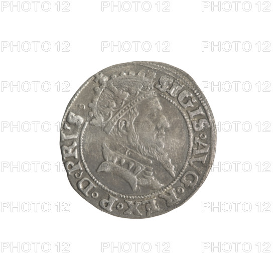 Gdansk grosz, Sigismund II Augustus (King of Poland; 1544–1572), Jagiellon dynasty. Obverse: Crowned male bust in profile turned to the right; inscription in rim between pearl borders: .SIGIS.AVG.REX.PDPRVS. Reverse: Coat of arms of Gdansk; inscription in rim between pearl borders: .GROSSVS:CIVI:GEDANEN.1556. Date: 1556. Poland, Gdansk. Coin, diameter 22.3–23.0 mm, weight 1.77 g. Iconography: royal busts; city coats of arms.