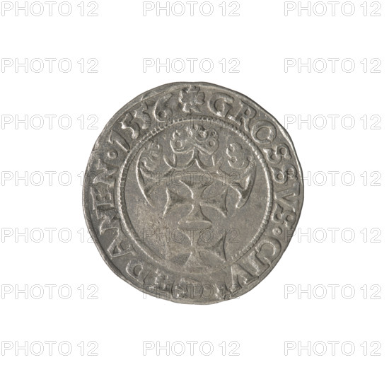 Gdansk grosz, Sigismund II Augustus (King of Poland; 1544–1572), Jagiellon dynasty; obverse: crowned male bust in profile turned to the right, in the rim between pearl-shaped borders an inscription divided at the top: SIGIS.AVG.REX.PDPR, SSI; reverse: coat of arms of Gdansk, in the rim between pearl-shaped borders an inscription: GROSSVS.CIVI.GEDANEN.1556; dated 1556; coin from Gdansk, Poland; diameter 22.0–22.5 mm; weight 1.89 g.