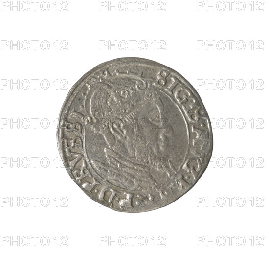 Gdansk grosz, Sigismund II Augustus (King of Poland; 1544–1572), Jagiellon dynasty. Obverse: Crowned male bust in profile to the right; rim inscription divided at top: .SIGIS.AVG.REX.PDPRVSSI. Reverse: Coat of arms of Gdansk; rim inscription: .GROSSVS:CIVI:GEDANEN.1556. 1556. Poland, Gdansk. Coin. Diameter 22.2–22.7 mm. Weight 1.8 g.