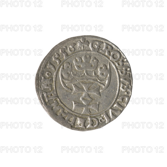 Gdansk grosz, Sigismund II Augustus (King of Poland; 1544–1572), Jagiellon dynasty. Obverse: Crowned male bust of the king in profile to the right; rim inscription divided at the top: .SIGIS.AVG.REX.PDPRVSSI. Reverse: Coat of arms of Gdansk; rim inscription: .GROSSVS:CIVI:GEDANEN.1556. Dated 1556. Poland, Gdansk. Coin, diameter ~22.2–22.7 mm, weight 1.8 g.