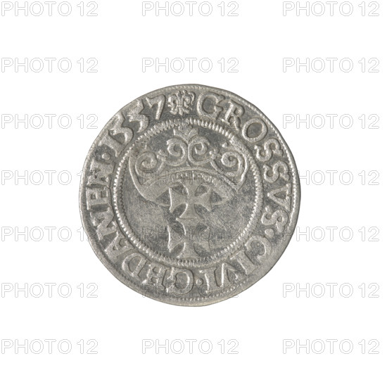 Gdansk grosz, Sigismund II Augustus (King of Poland; 1544–1572), Jagiellon dynasty. Obverse: Crowned male bust in profile turned right; rim between pearl-shaped borders with inscription SIGIS.AVG.REX.PO.D.PRVS. Reverse: Coat of arms of Gdansk; rim between pearl-shaped borders with inscription GROSSVS.CIVI.GEDANEN.1557. Date: 1557. Poland, Gdansk. Coin. Diameter ~22.2–22.5 mm. Weight 1.83 g.