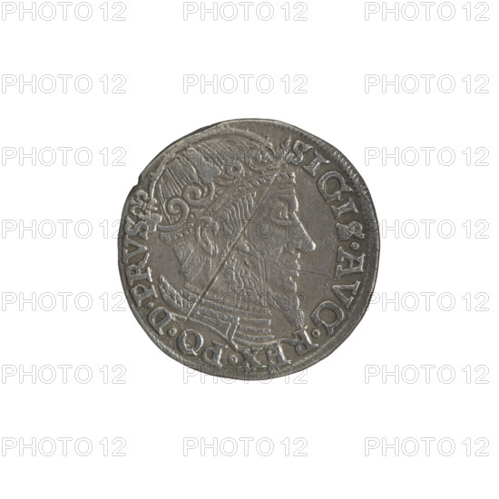 Gdansk trojak, Sigismund II Augustus (King of Poland; 1544–1572), Jagiellonians (dynasty). Obverse: crowned male bust in profile facing right; rim bears divided inscription terminating in a lily: SIGIS.AVG.REX.PO.D.PRVS. Reverse: below the denomination '.III.' inscription: GROSS.AR/TRIP.CIVI/GEDANEN; below the year '.15-57.' separated by a shield with the coat of arms of Gdansk. 1557. Poland, Gdansk. Silver coin (trojak). Diameter ca. 20.6–21.0 mm; weight 2.52 g.