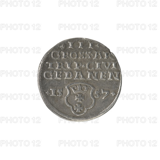 Gdansk trojak, Sigismund II Augustus (King of Poland; 1544–1572), Jagiellonians (dynasty); royal bust; Polish coin; Gdansk (coat of arms), city coats of arms; Sigismund II Augustus (King of Poland; 1520–1572) – iconography; inscriptions; male busts. Obv.: Crowned male bust in profile turned right; in the rim a divided inscription at the top terminating in a lily: SIGIS.AVG.REX.PO.D.PRVS. Rev.: Below the number of values: .III.; inscription: GROSS.AR/TRIP.CIVI/GEDANEN; below, year .15-57. separated by a shield with the coat of arms of Gdansk. Date: 1557. Poland, Gdansk. Coin diameter 20.6–21.0 mm; weight 2.52 g.