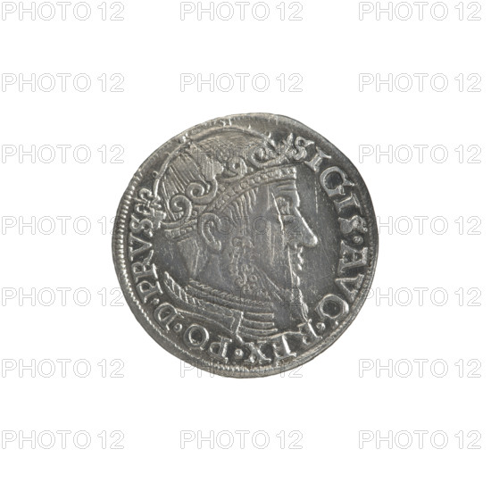 Gdansk trojak, Sigismund II Augustus (King of Poland; 1544–1572), Jagiellonian dynasty; obverse: crowned male bust in profile turned right with rim inscription divided at top terminating in a lily: 'SIGIS.AVG.REX.PO.D.PRVS.'; reverse: below the number of values '.III.' inscription 'GROSS.AR/TRIP.CIVI/GEDANEN' and below the year '.15-57.' separated by a shield with the coat of arms of Gdansk; dated 1557; Poland, Gdansk; coin; diameter 21.0–21.2 mm; weight 2.5 g.
