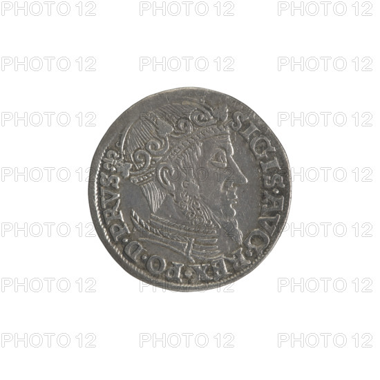 Gdansk trojak, Sigismund II Augustus (King of Poland; 1544–1572), Jagiellonians (dynasty). Obverse: Crowned male bust in profile turned right; in the rim an inscription divided at the top, terminating in a lily: 'SIGIS.AVG.REX.PO.D.PRVS.' Reverse: Below the number of values: '.III.' inscription: 'GROSS.AR/TRIP.CIVI/GEDANEN' below year: '.15 - 57.' separated by a shield with the coat of arms of Gdansk. 1557. Poland, Gdansk. Coin; diameter 21.0 mm; weight 2.59 g.