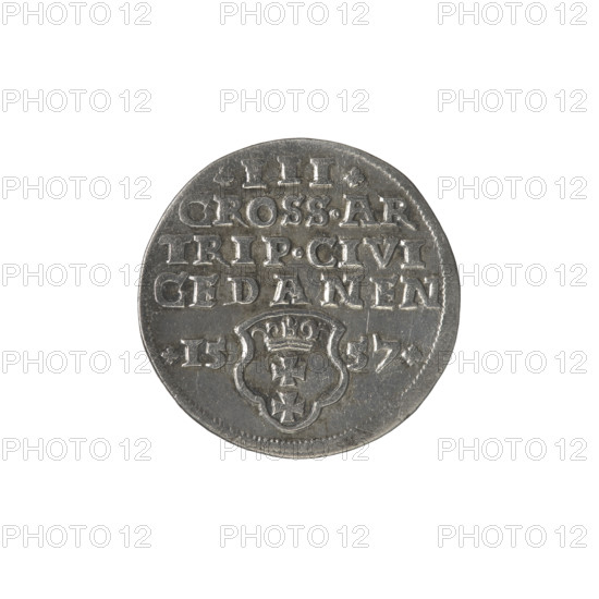 Gdansk trojak, Sigismund II Augustus (King of Poland; 1544–1572), Jagiellonians (dynasty). Obv.: Crowned male bust in profile turned right; rim inscription divided at the top, terminating in a lily: SIGIS.AVG.REX.PO.D.PRVS. Rev.: Below the number of values: .III.; inscription: GROSS.AR/TRIP.CIVI/GEDANEN; below year .15-57. separated by a shield with the coat of arms of Gdansk. 1557. Poland, Gdansk. Coin; diameter 21.0 mm; weight 2.59 g.