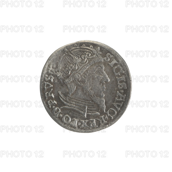 Gdansk trojak, Sigismund II Augustus (King of Poland; 1544–1572), Jagiellonian dynasty; obverse: crowned male bust in profile turned right, rim inscription terminating in a lily: SIGIS.AVG.REX.PO.D.PRVS.; reverse: below the number of values: .III.; inscription: GROSS.AR/TRIP.CIVI/GEDANEN; below year .15-57. separated by a shield with the coat of arms of Gdansk; 1557; Poland; coin; diameter 20.8–21.2 mm; weight 2.55 g.