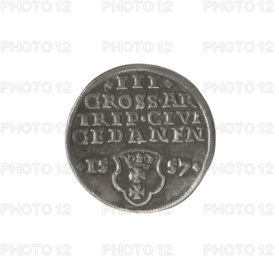 Gdansk trojak, Sigismund II Augustus (King of Poland; 1544–1572), Jagiellonians (dynasty). Obverse: Crowned male bust in profile turned right; rim inscription terminating in a lily: SIGIS.AVG.REX.PO.D.PRVS. Reverse: Below the number of values: .III.; inscription: GROSS.AR/TRIP.CIVI/GEDANEN; below, year .15-57. separated by a shield with the coat of arms of Gdansk. 1557. Poland, Gdansk. Coin. Diameter 20.8–21.2 mm; weight 2.55 g.