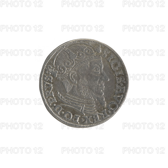 Gdansk trojak, Sigismund II Augustus (King of Poland; 1544–1572), Jagiellonians (dynasty); royal bust; Polish coin; Gdansk coat of arms; city coats of arms; inscriptions; male busts; Sigismund II Augustus (King of Poland; 1520–1572) - iconography. Obv.: Crowned male bust in profile turned right, in the rim an inscription divided at the top, terminating in a lily: SIGIS.AVG.REX.PO.D.PRVS. Rev.: Below the number of values: .III. inscription: GROSS.AR/TRIP.CIVI/GEDANEN below year: .15 - 57. separated by a shield with the coat of arms of Gdansk. 1557. Coin of Gdansk, Poland. Diameter 20.8–21.0 mm; weight 2.59 g.