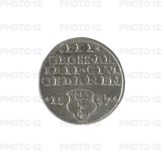 Gdansk trojak, Sigismund II Augustus (King of Poland; 1544–1572), Jagiellonians (dynasty). Obverse: Crowned male bust in profile turned right; rim inscription divided at the top, terminating in a lily: SIGIS.AVG.REX.PO.D.PRVS. Reverse: Below the number of values: .III.; inscription: GROSS.AR/TRIP.CIVI/GEDANEN; below year: .15-57. separated by a shield with the coat of arms of Gdansk. 1557. Coin (polish), diameter ca. 20.8–21.0 mm, weight 2.59 g. Iconography: royal busts, city coats of arms, inscriptions.