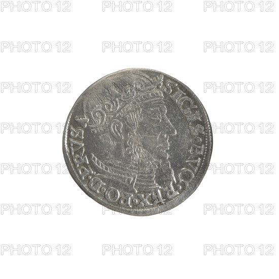 Obv.: Crowned male bust in profile turned right, in the rim a divided inscription at the top: SIGIS.AVG.REX.PO.D.PRVS. Rev.: Below the value number: .III. inscription: GROSS.AR/TRIP.CIV / GEDANE, below the year and mint mark - lilies: .15 - 57./. - . separated by a shield with the coat of arms of Gdansk. Gdansk trojak, Sigismund II Augustus (King of Poland, 1544–1572), Jagiellonian dynasty, royal bust, inscriptions, male bust, 1557, Poland, Gdansk; coin, diameter 20.5–21.1 mm, weight 2.5 g.