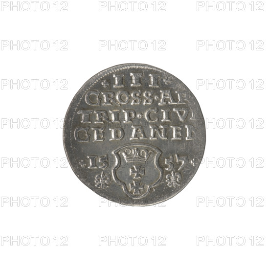 Obv.: Crowned male bust in profile turned right; rim inscription: SIGIS.AVG.REX.PO.D.PRVS. Rev.: Below the value number .III. inscription: GROSS.AR/TRIP.CIV / GEDANE; below the year and mint mark lilies: .15 - 57./. - . separated by a shield with the coat of arms of Gdansk. Gdansk trojak, Sigismund II Augustus (King of Poland, 1544–1572), Jagiellonians dynasty; royal bust; Polish coin; iconography: Sigismund II Augustus (1520–1572) — inscriptions, male bust. 1557. Diameter ~20.5–21.1 mm. Weight 2.5 g.
