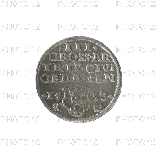 Gdansk trojak, Sigismund II Augustus (King of Poland; 1544–1572), Jagiellonians (dynasty); obverse: crowned male bust in profile turned right with rim inscription SIGIS.AVG.REX.PO.D.PRVS; reverse: below the value number .III. inscription GROSS.AR/TRIP.CIVI/GEDAN, N below the year and mint mark; lilies separated by a shield with the coat of arms of Gdansk; date 1558; Poland, Gdansk; coin; diameter ~21.3–21.5 mm; weight 2.6 g; subject: royal bust, Polish coin, city coat of arms; iconography: Sigismund II Augustus, male busts, inscriptions.