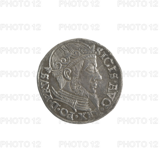 Gdansk trojak, Sigismund II Augustus (King of Poland; 1544–1572), Jagiellonian dynasty; obverse: crowned royal bust in profile facing right with rim inscription 'SIGIS.AVG., EX.PO.D.PRVS'; reverse: below the value number '.III.' inscription 'GROSS.AR/TRIP.CIVI/GEDANEN' and year with mint mark; lilies and shield with the coat of arms of Gdansk separating '.15 - 58./.'; 1558; Poland, Gdansk; coin; diameter 20.4–21.0 mm; weight 2.6 g.