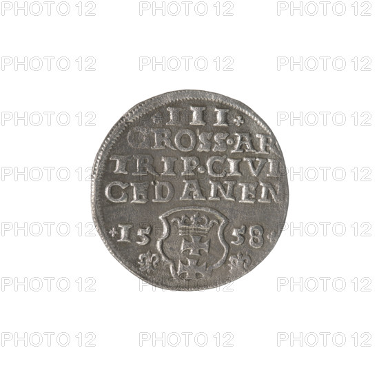 Gdansk trojak, Sigismund II Augustus (King of Poland; 1544–1572), Jagiellonians (dynasty). Royal bust; Polish coin with Gdansk coat of arms; iconography: Sigismund II Augustus (1520–1572) — male busts, inscriptions. Obv.: Crowned male bust in profile turned right; rim inscription divided at top: SIGIS.AVG., EX.PO.D.PRVS. Rev.: Below the value number .III. inscription: GROSS.AR/TRIP.CIVI/GEDANEN; below the year and mint mark — lilies: .15 - 58./. - . separated by a shield with the coat of arms of Gdansk. 1558. Poland, Gdansk. Coin. Diameter 20.4–21.0 mm. Weight 2.6 g.