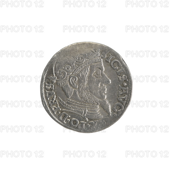 Gdansk trojak, Sigismund II Augustus (King of Poland; 1544–1572), Jagiellonians (dynasty). Royal bust, city coats of arms. Polish coin; Gdansk coat of arms. Iconography: Sigismund II Augustus (King of Poland; 1520–1572) — male busts, inscriptions. Obv.: Crowned male bust in profile turned right; in rim a divided inscription at the top terminating in a lily: SIGIS.AVG., .PO.D.PRVS. Rev.: Below the number of values: .III. inscription: GROSS.A, /TRIP.CI, /, EDANE, below the year and mint mark — lilies, 5 - 58./. - . separated by a shield with the coat of arms of Gdansk. 1558. Poland, Gdansk. Coin. Diameter 20.7 mm; diameter 21.3 mm; weight 2.62 g.