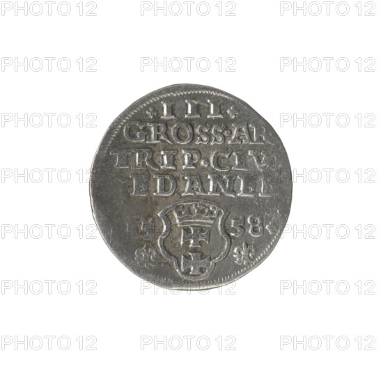 Gdansk trojak, Sigismund II Augustus (King of Poland; 1544–1572), Jagiellonians (dynasty). Obverse: crowned male bust in profile turned right; rim with divided inscription terminating in a lily: 'SIGIS.AVG., .PO.D.PRVS.' Reverse: below the denomination '.III.' inscription: 'GROSS.A,/TRIP.CI,/EDANE,' with year and mint mark; lilies separated by a shield with the coat of arms of Gdansk. Iconography: royal bust, city coats of arms, inscriptions, male busts. 1558, Poland, Gdansk; coin (Gdansk trojak), diameter ~20.7–21.3 mm, weight 2.62 g.