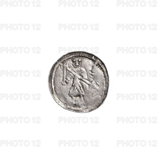 denarius, Boleslaw III Krzywousty (prince of Poland; 1107–1138), allegories, spearhead (issue mark), equal-armed cross, crosses, chain mail, knight, mouth, martyrs, Romanesque (style), knights, mouths, dragons, dragon, Middle Ages, fight between good and evil, fight against pagans, Adalbert (St.; ca. 956–997), spears, spear. Obv.: In the beaded border, a knight in chain mail thrusting a spearhead into the jaws of a dragon turned upside down. Rv.: In the triple beaded border, an isosceles cross topped with spheres (one of them has a dot; others may also have a dot—the coin's field is not fully punched). Between its arms, in two quarters, two radiating spheres each (smaller ones closer to the center, larger ones farther out). In the two remaining quarters, one sphere each. ca. 1125–1138, Poland, Kraków; coin; diameter 11.7–12.1 mm; weight 0.51 g.
