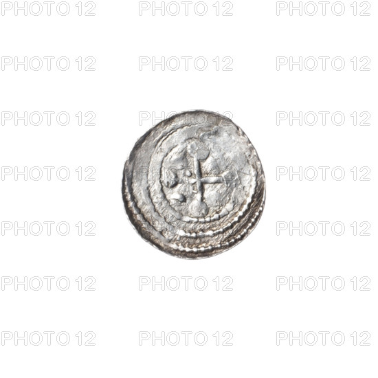 denarius, Boleslaw III Krzywousty (prince of Poland; 1086–1138), allegories, spearhead (issue mark), equal-armed cross, crosses, chain mail, knight, mouths, martyrs, Romanesque (style), dragons, Middle Ages, fight between good and evil, fight against pagans, Adalbert (St.; ca. 956–997), spears. Obv.: In the beaded border, a knight in chain mail thrusting a spearhead into the jaws of a dragon turned upside down. Rv.: In the triple beaded border, an isosceles cross topped with spheres (one with a dot; others unclear due to incomplete punch). Between its arms, in two quarters, two radiating spheres each (smaller ones closer to the center, larger ones outward); in the two remaining quarters, one sphere each. ca. 1125–1138. Poland, Kraków. Coin. Diameter 11.7–12.1 mm. Weight 0.51 g.
