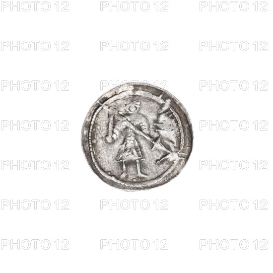 denarius, Boleslaw III Krzywousty (prince of Poland; 1086–1138; ruler 1107–1138), allegories, equal-armed cross, chainmail, crosses, mouth, knight, dragons, martyrs, spearhead (issue mark), Romanesque (style), dragon, knights, mouths, Middle Ages, fight between good and evil, fight against pagans, Adalbert (St.; ca. 956–997), Spear (iconographic), spears. Obv.: In the beaded border, a knight in chain mail thrusting the spearhead into the jaws of a dragon turned upside down. Under the knight's feet, a dot between them. Rv.: In the triple beaded border, an isosceles cross topped with balls. Between its arms radiate two balls (smaller ones closer to the center of the cross, larger ones). Ca. 1125–1138. Poland, Kraków. Coin. Diameter 12.2–12.7 mm. Weight 0.44 g.