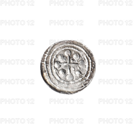 denarius, Boleslaw III Krzywousty (prince of Poland; 1107–1138), Boleslaw III Krzywousty (prince of Poland; 1086–1138), allegories, equal-armed cross, chainmail, crosses, mouth, chainmail, knight, dragons, martyrs, spearhead (issue mark), Romanesque (style), dragon, knights, mouths, Middle Ages, fight between good and evil, fight against pagans, Adalbert (St.; ca. 956–997), Spear (iconographic), spears, Obv. In the beaded border, a knight in chain mail thrusting the spearhead into the jaws of a dragon turned upside down. Under the knight's feet, a dot between them. Rv. In the triple beaded border, an isosceles cross topped with balls. Between its arms radiate two balls (smaller ones closer to the center of the cross, larger ones)., ca. 1125–1138, Poland, Kraków, coin, diameter 12.2–12.7 mm, weight 0.44 g