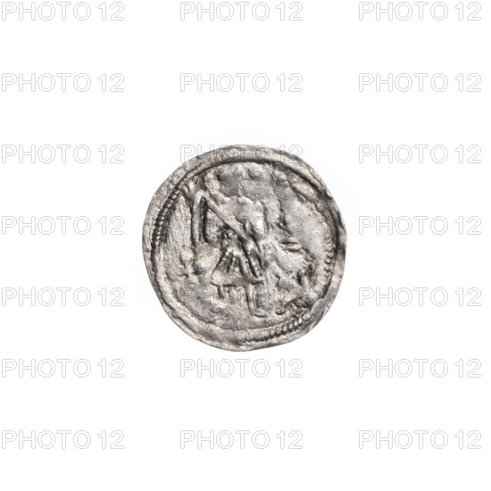 denarius, Boleslaw III Krzywousty (prince of Poland; 1086-1138), allegories, spearhead (issue mark), equal-armed cross, crosses, mouth, chainmail, martyrs, knight, Romanesque (style), mouths, dragons, dragon, knights, Middle Ages, fight between good and evil, fight against pagans, Adalbert (St.; ca. 956-997), Spear, spears. Obv.: In the beaded border, a knight in chain mail thrusting a spearhead into the jaws of a dragon turned upside down. Under the knight's right elbow, an isosceles cross topped with balls (one of them with a dot). Rv.: In the triple beaded border, an isosceles cross topped with balls. At the intersection of the arms, a ball. Between the central ball and a crossbar at the end of one arm, a single ball. One arm intersects the other at approximately 1/3 of its length. c. 1125–1138, Poland, Kraków, coin, diameter 12.6–13.1 mm, weight 0.49 g