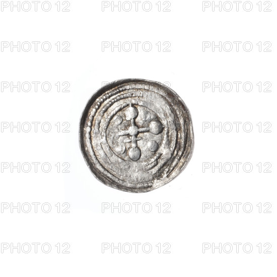 Denarius, Boleslaw III Krzywousty (prince of Poland; 1107–1138). Obverse: in beaded border, knight in chain mail thrusting a spearhead into the jaws of an upside-down dragon; under the knight's right elbow, an isosceles cross topped with balls (one with a dot). Reverse: in triple beaded border, isosceles cross topped with balls; ball at intersection of arms; single ball between center ball and crossbar at end of one arm; one arm intersects the other at ~1/3 of its length. Romanesque style; motifs of knights, dragons, martyrs, fight between good and evil, fight against pagans; possible reference to St. Adalbert (ca. 956–997). Spear/spearhead (issue mark). c. 1125–1138, Poland, Kraków. Coin; diameter 12.6–13.1 mm; weight 0.49 g.