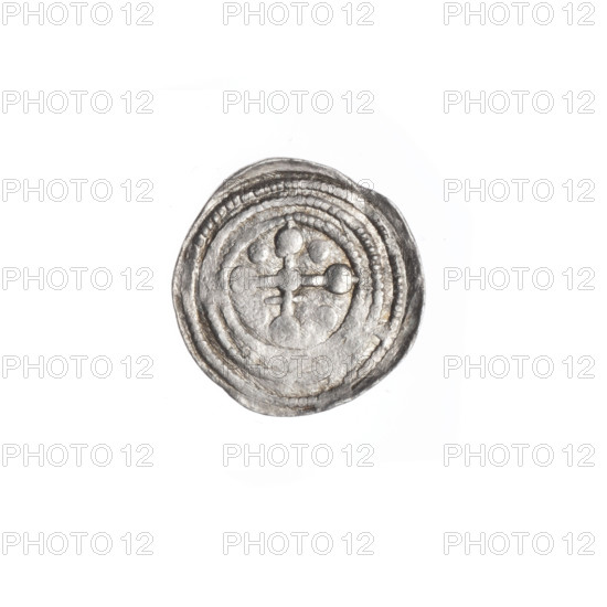 denarius, Boleslaw III Krzywousty (prince of Poland; 1086-1138), allegories, spearhead (issue mark), equal-armed cross, chainmail, crosses, mouth, martyrs, knight, Romanesque (style), mouths, dragon, dragons, Middle Ages, knights, fight against pagans, Adalbert (Saint; ca. 956-997), fight between good and evil, spear, spears. Obv.: In the beaded border, a knight in chain mail thrusting a spearhead into the jaws of a dragon turned upside down. Under the knight's right elbow, an isosceles cross topped with balls. Rv.: In the triple beaded border, an isosceles cross topped with balls. At the intersection of the arms, a ball. Between the central ball and a crossbar at the end of one arm, a single ball. One arm intersects the other at approximately 1/3 of its length. ca. 1125–1138, Kraków, Poland; coin; diameter 12.6–13.1 mm; weight 0.44 g