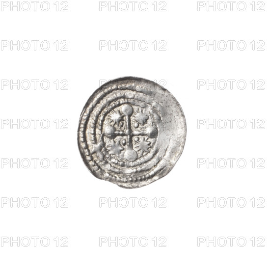 Denarius of Boleslaw III Krzywousty (prince of Poland; c. 1086–1138), c. 1125–1138. Obverse: in a beaded border, a knight in chain mail thrusting a spearhead into the jaws of an upside-down dragon; at the knight's left foot, a figure resembling the number '7' with dotted vertices. Reverse: in a triple beaded border, an isosceles cross topped with spheres (one with a dot), a dot at the intersection of the arms, and between the arms one dot nearer the center and one sun nearer the ends. Romanesque style; iconography: knight, dragon, fight between good and evil, martyrs, St. Adalbert; coin (denarius), Poland, Kraków. Diameter 12.2–12.8 mm; weight 0.44 g.