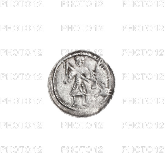 denarius, Boleslaw III Krzywousty (prince of Poland; 1086-1138), spearhead (issue mark), equal-armed cross, chainmail, crosses, mouth, martyrs, knight, Romanesque (style), dragons, mouths, dragon, Adalbert (Saint; ca. 956-997), fight between good and evil, Middle Ages, fight against pagans, spears, Knights, spear. Obv. In the beaded border, a knight in chain mail thrusting the spearhead into the jaws of a dragon turned upside down. Between his feet, a dot below them. Rv. In the triple beaded border, an isosceles cross topped with spheres (one of them with a dot). Between its arms radiate two spheres (smaller ones closer to the center of the cross, the other larger). ca. 1125–1138, Poland, Kraków, coin, diameter 12.1–12.6 mm, weight 0.54 g