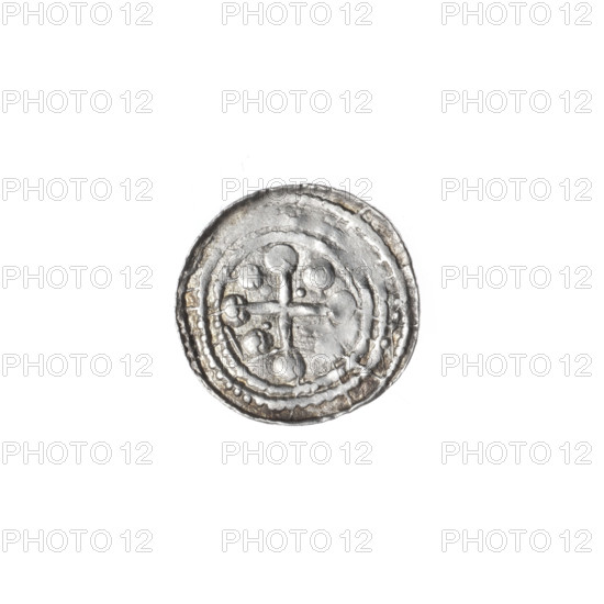 denarius, Boleslaw III Krzywousty (prince of Poland; 1107–1138), allegories, Boleslaw III Krzywousty (prince of Poland; 1086–1138), spearhead (issue mark), equal-armed cross, chainmail, crosses, chainmail, mouth, martyrs, knight, Romanesque (style), dragons, mouths, dragon, Adalbert (Saint; ca. 956–997), fight between good and evil, Middle Ages, fight against pagans, spears, knights, spear. Obv. In the beaded border, a knight in chain mail thrusting the spearhead into the jaws of a dragon turned upside down; between his feet, a dot. Rv. In the triple beaded border, an isosceles cross topped with spheres (one of them with a dot); between its arms radiate two spheres (smaller ones closer to the center, the others larger). ca. 1125–1138. Poland, Kraków. Coin; diameter 12.1–12.6 mm; weight 0.54 g.
