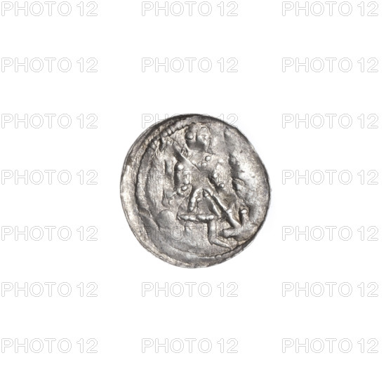 denarius, Boleslaw III Krzywousty (prince of Poland; 1107–1138), allegories, Boleslaw III Krzywousty (prince of Poland; 1086–1138), spearhead (issue mark), crosses, jaws (iconographic), chainmail, equal-armed cross (iconographic), martyrs, jaws, chainmail (iconographic), knight (iconographic), dragons, Romanesque (style), knights, dragon (iconographic), Middle Ages, fight between good and evil (iconographic), fight against pagans (iconographic), spear (iconographic), Adalbert (St.; ca. 956–997), spears, Obv. In the beaded border, a knight in chain mail thrusting a spearhead into the jaws of a dragon turned upside down. A ball under the knight's right elbow. Rv. In the triple beaded border, an isosceles cross topped with balls. A ball at the intersection of the arms. One ball between them. ca. 1125–1138, Poland, Kraków, coin, diameter 11.8 mm–12.2 mm, weight 0.40 g