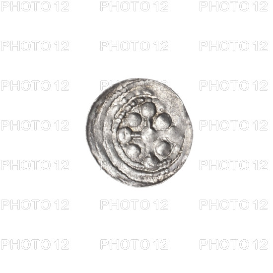 denarius, Boleslaw III Krzywousty (prince of Poland; 1086–1138), allegories, spearhead (issue mark), crosses, jaws (iconographic), chainmail, equal-armed cross (iconographic), martyrs, knight (iconographic), dragons, Romanesque (style), knights, dragon (iconographic), Middle Ages, fight between good and evil (iconographic), fight against pagans (iconographic), spear (iconographic), Adalbert (St.; ca. 956–997), spears. Obv.: In the beaded border, a knight in chain mail thrusting a spearhead into the jaws of an upside-down dragon; a ball under the knight's right elbow. Rv.: In the triple beaded border, an isosceles cross topped with balls, a ball at the intersection of the arms, one ball between them. ca. 1125–1138, Poland, Kraków; coin; diameter 11.8–12.2 mm; weight 0.40 g