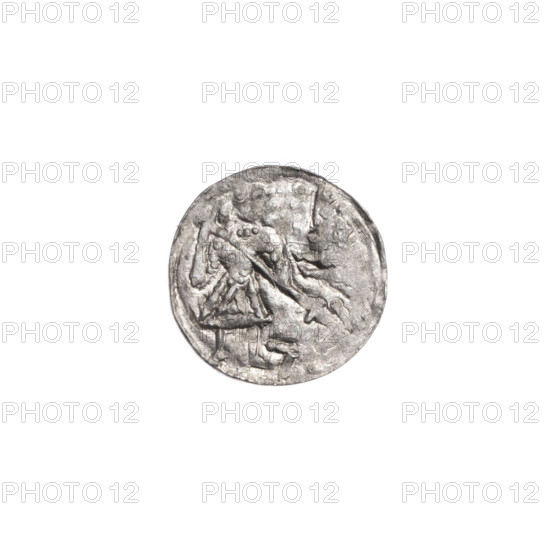 Denarius of Boleslaw III Krzywousty (Prince of Poland; 1107–1138). Obverse: in a beaded border, a knight in chain mail thrusting a spearhead into the jaws of an upside-down dragon; at the knight's left foot, a figure resembling the number '7' angled toward the foot, its vertices marked with dots. Reverse: in a triple beaded border, an isosceles cross topped with balls, a dot at the intersection of the arms, and between the arms one dot closer to the center and one sun closer to the ends. Romanesque style; imagery evokes Adalbert (Saint) and the fight between good and evil/pagans. Maker: Jastrzebowski, Stanislaw (1898–1980) [inscription/attribution]. ca. 1125–1138, Poland (Kraków). Coin; diameter 12.1–12.3 mm; weight 0.36 g.