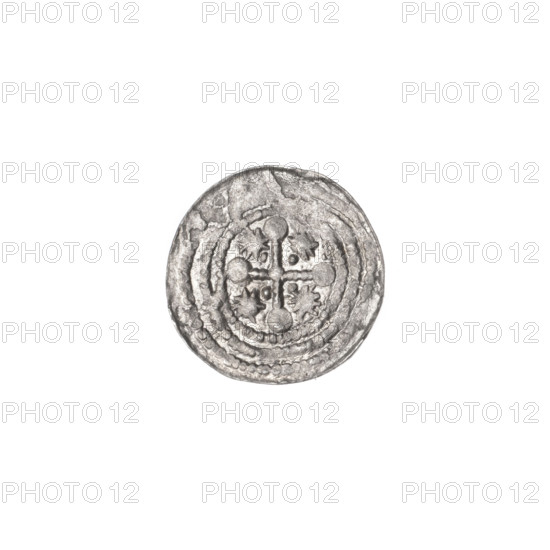 denarius, Boleslaw III Krzywousty (Prince of Poland; 1086–1138), allegories, spearhead (issue mark), equal-armed cross, crosses, mouth, chain mail, martyrs, Romanesque (style), knight, dragons, dragon, Middle Ages, fight between good and evil, Adalbert (Saint; ca. 956–997), spear, fight against pagans, spears. Obv.: In the beaded border, a knight in chain mail thrusting a spearhead into the jaws of a dragon turned upside down. At the knight's left foot, a figure resembling the number '7'; its angle is directed toward the foot, vertices marked with dots. Rv.: In the triple beaded border, an isosceles cross topped with balls, a dot at the intersection of the arms; between its arms, one dot closer to the center, one sun closer to the ends. ca. 1125–1138, Poland, Kraków; coin; diameter 12.1–12.3 mm; weight 0.36 g.