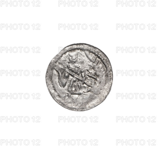 denarius, Boleslaw III Krzywousty (prince of Poland; 1107–1138), allegories, Boleslaw III Krzywousty (prince of Poland; 1086–1138), spearhead (issue mark), equal-armed cross, crosses, chain mail, mouth, knight, chain mail, martyrs, Romanesque (style), knights, mouths, dragon, dragons, Middle Ages, fight between good and evil, Adalbert (Saint; ca. 956–997), fight against pagans, spears, spear. Obv. In the beaded border, a knight in chain mail thrusting a spearhead into the jaws of a dragon turned upside down. Rv. In the triple beaded border, an isosceles cross topped with balls. Between its arms, one ball. One arm intersects the other at approximately 1/3 of its length. ca. 1125–1138, Poland, Kraków; coin; diameter 12.8–13.2 mm; weight 0.36 g