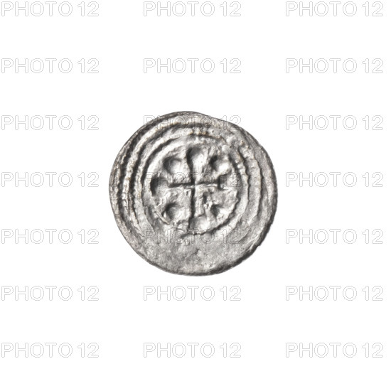 Denarius, Boleslaw III Krzywousty (prince of Poland; 1107–1138). Obverse: in a beaded border, a knight in chain mail thrusting a spearhead into the jaws of an upside-down dragon. Reverse: in a triple beaded border, an isosceles cross topped with balls; between its arms one ball, one arm intersecting the other at approximately 1/3 of its length. Motifs: spears, spearhead, equal-armed cross, crosses, chain mail, knight, dragon, mouths; themes of martyrs, knights, Romanesque style, Middle Ages, fight between good and evil, Adalbert (Saint; ca. 956–997), fight against pagans. Maker/engraver: Jastrzebowski, Stanislaw (1898–1980). Date: ca. 1125–1138. Place: Poland, Kraków. Coin; diameter 12.8–13.2 mm; weight 0.36 g.