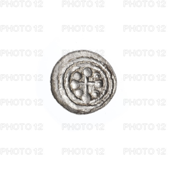 Denarius, Boleslaw III Krzywousty (prince of Poland; reign c. 1107–1138). Obverse (beaded border): a knight in chain mail thrusting a spearhead into the jaws of an upside-down dragon — motif of knights, dragons, fight between good and evil, fight against pagans; associated with Saint Adalbert. Reverse (triple beaded border): an isosceles cross topped with spheres (one marked with a dot); between its arms one sphere (two with dots); one arm intersects the other at approximately 1/3 of its length. Romanesque style; spears, crosses. c. 1125–1138, Poland (Kraków). Coin; diameter ~11.7–12.2 mm; weight 0.34 g.