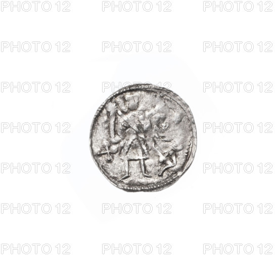 denarius, Boleslaw III Krzywousty (prince of Poland; 1086–1138), allegories, spearhead (issue mark), chain mail, crosses, equal-armed cross, knight, martyrs, dragons, dragon, Middle Ages, Adalbert (Saint; ca. 956–997), fight between good and evil, fight against pagans, spears, spear, Romanesque (style). Obv.: In the beaded border, a knight in chain mail thrusting a spearhead into the jaws of an upside-down dragon. Under the knight's right elbow, an isosceles cross topped with balls (one dot on each). Rv.: In the triple beaded border, an isosceles cross topped with balls; at the intersection of the arms, a ball. Between the central ball and a crossbar at the end of one arm, a single ball. One arm intersects the other at approximately 1/3 of its length. c. 1125–1138, Poland, Kraków, coin; diameter 11.8–12.2 mm, weight 0.33 g
