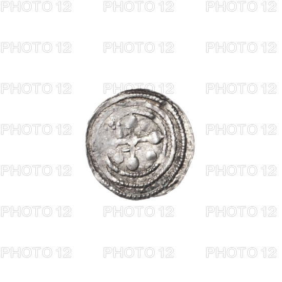 Denarius, Boleslaw III Krzywousty (prince of Poland; 1107–1138). Obverse (in beaded border): a knight in chain mail thrusting a spearhead into the jaws of an upside-down dragon; under the knight's right elbow, an isosceles cross topped with balls (one dot on each). Reverse (in triple beaded border): an isosceles cross topped with balls; a ball at the intersection of the arms and a single ball between the central ball and a crossbar at the end of one arm; one arm intersects the other at approximately 1/3 of its length. Romanesque style; themes: knights, dragons, fight between good and evil, martyrs, Adalbert (Saint). Spearhead (issue mark). Date: c. 1125–1138. Place: Kraków, Poland. Coin; diameter 11.8–12.2 mm; weight 0.33 g.