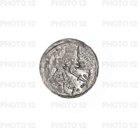denarius, Boleslaw III Krzywousty (prince of Poland; 1107–1138), allegories, Boleslaw III Krzywousty (prince of Poland; 1086–1138), equal-armed cross, spearhead (issue mark), chain mail, crosses, chain mail, mouth, knight, martyrs, dragons, Romanesque (style), knights, dragon, mouths, Adalbert (Saint; ca. 956–997), Middle Ages, fight against pagans, fight between good and evil, Spears, spear. Obv. In the beaded border, a knight in chain mail thrusting the tip of his spear into the jaws of a dragon turned upside down. At the knight's left foot, a figure resembling the number '7.' The angle points toward the foot. The vertices of the figure are marked with dots. Rv. In the triple beaded border, an isosceles cross topped with spheres (one of them with a dot). At the intersection of the arms, a dot. Between the arms of the cross, one dot closer to the center, one sun closer to the ends. ca. 1125–1138, Poland, Kraków, coin, diameter 12.9–13.2 mm, weight 0.57 g